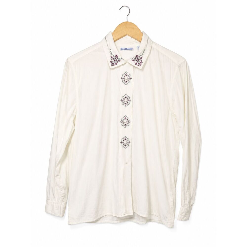 Vintage David Brooks Embroidered Western Boho Ivory Button-Up Blouse Size 8